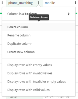 The phone_matching column menu is opened, with the Delete column option selected.