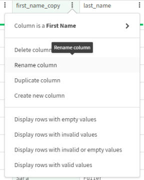 The first_name_copy column menu is opened, with the Rename column option selected.