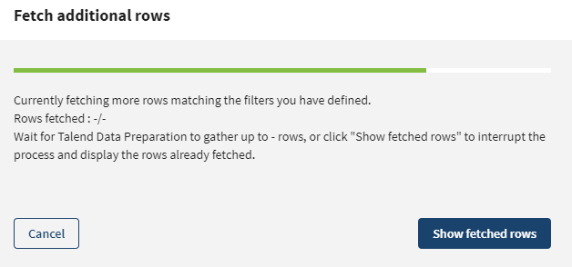 Modal that opens to show the progress of the rows retrieval.