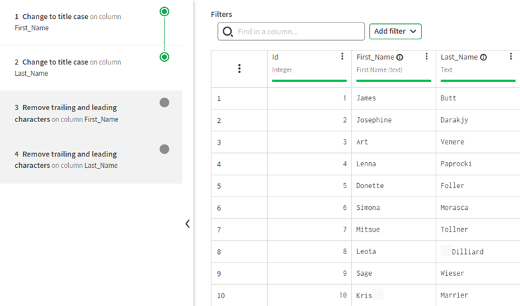 Recipe lines with a grey button for a disabled recipe line or a green button for an enabled recipe line.