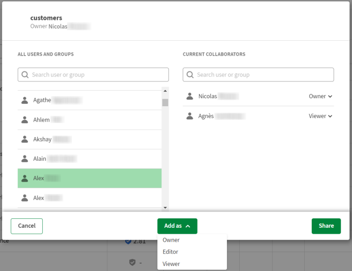 Sharing configuration panel of a dataset named 'customers'.