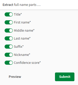 Extract full name parts panel opened.