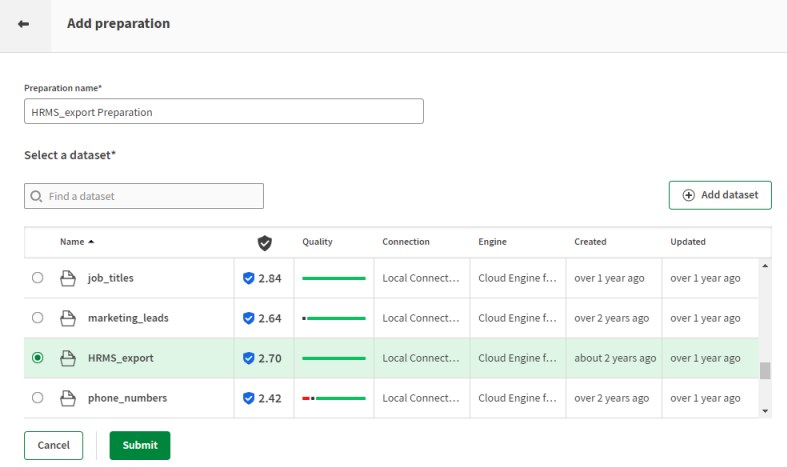 Add a preparation window with a list of datasets available to create a preparation, including HRMS_export.