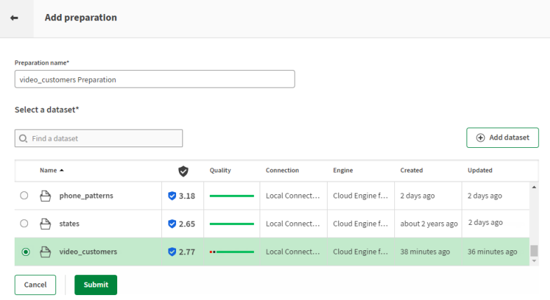 Add a preparation window with a list of datasets available to create a preparation, including video_customers.