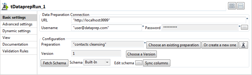 tDataprepRun component properties in Talend Studio.