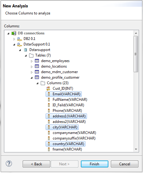 DB connections expanded to select the columns to be analyzed.