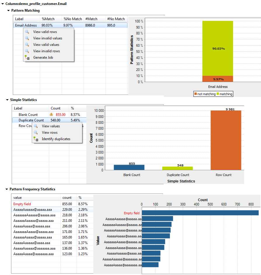 Overview of the Pattern statistics for a specific column.