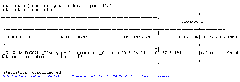 Example of a report from the Talend Studio console.