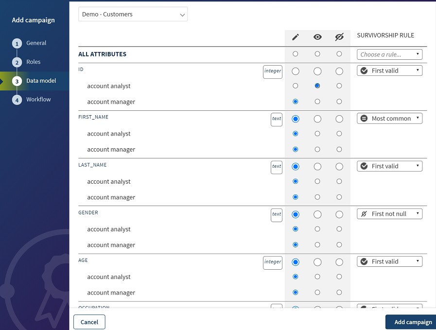 Overview of the Data model step to create a Merging campaign.