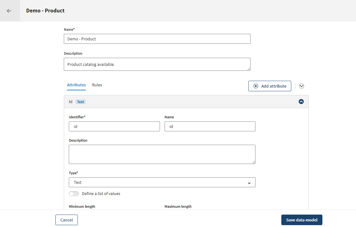 Configuration to update a data model using the API.