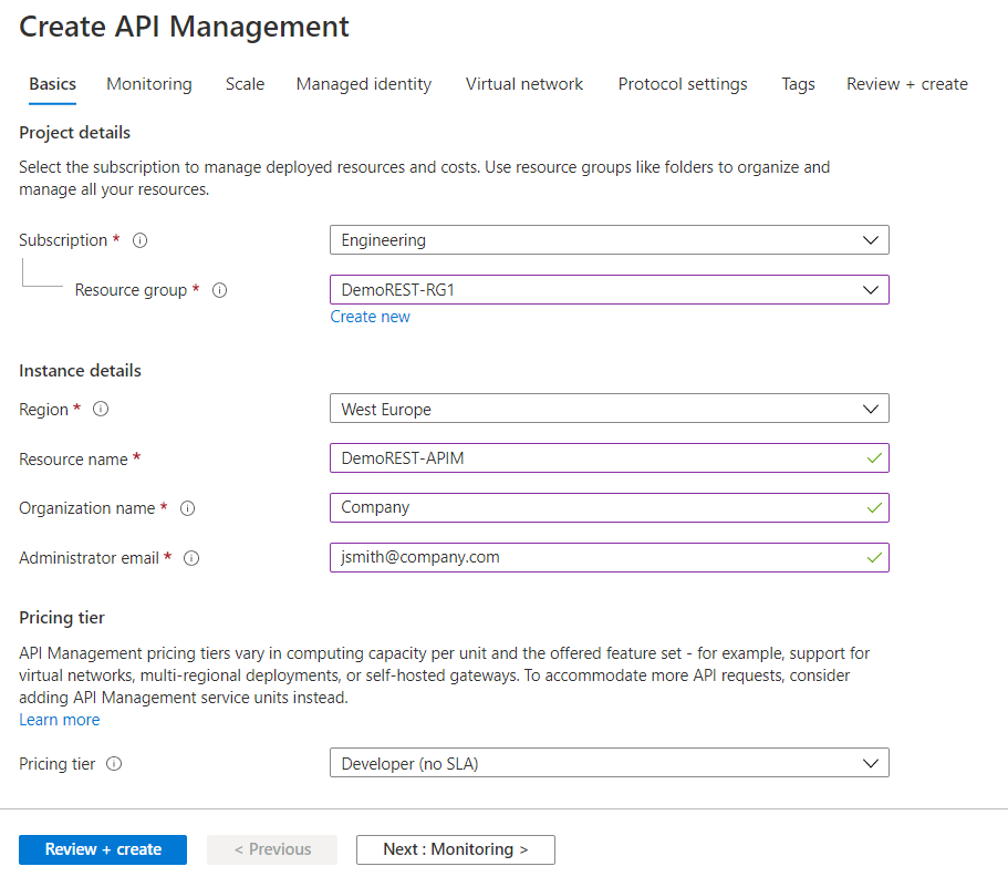 Basics tab of the Create API Management settings.