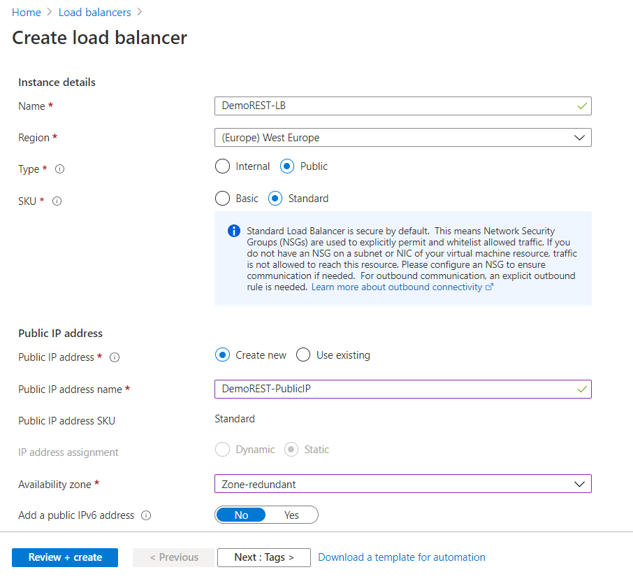 Create load balancer settings