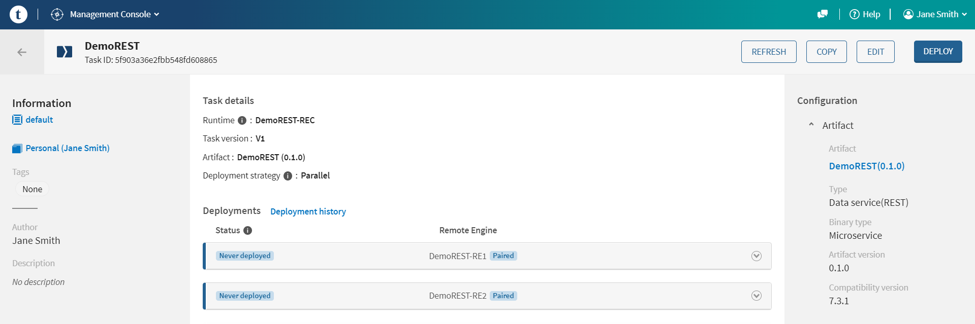 Inside the Deployments tab of the DemoREST task page, the Remotes Engines appear paired and available.