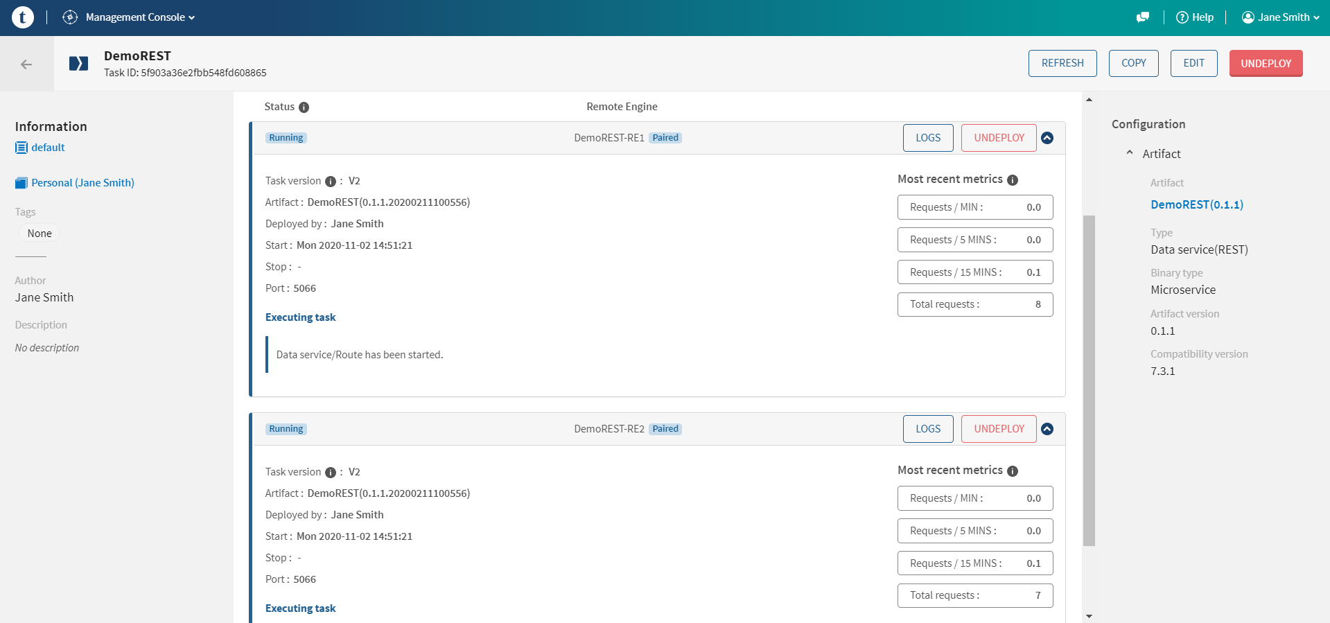 Execution of the Remotes Engines in the Deployments tab of the DemoREST task page.