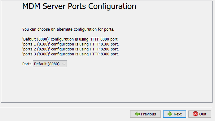 MDM Server Ports Configuration window.