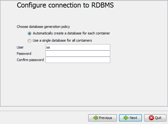 Configure connection to RDBMS window.