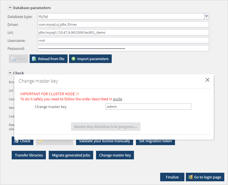 In the Change master key dialog box, the default value is admin.