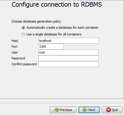 Configure connection to RDBMS window.