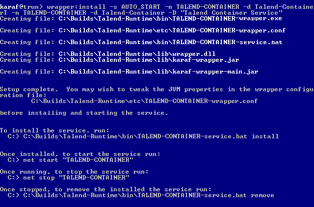 As a result, the system indicates that several files were created and the setup is complete. You may want to edit the JVM properties in the wrapper configuration file TALEND-CONTAINER-service.bat before installing and starting the service.