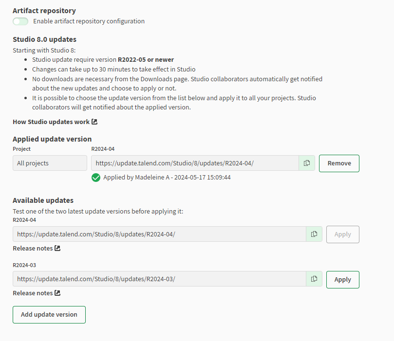 Talend Studio update version applied.