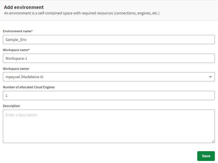 New environment named Sample Env is created.