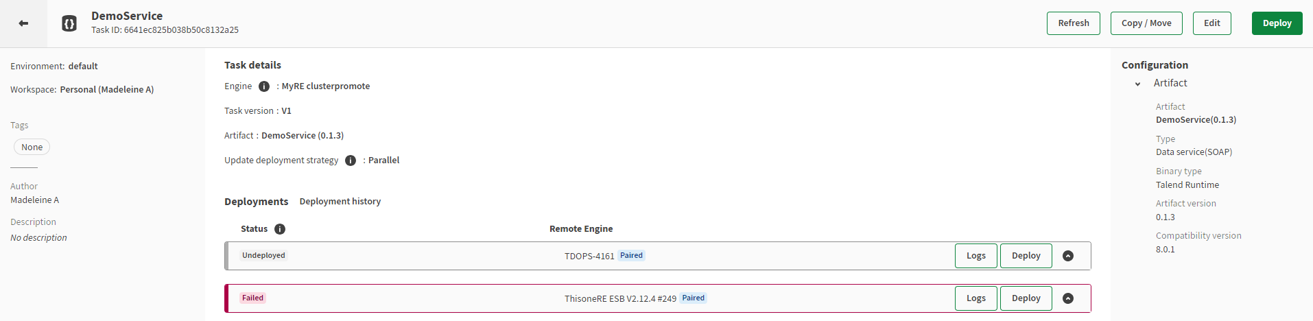 Deployment instances displayed in task details page.