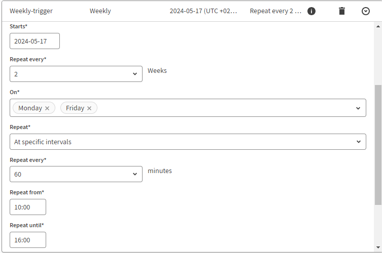 Page to define weekly trigger at specific intervals.