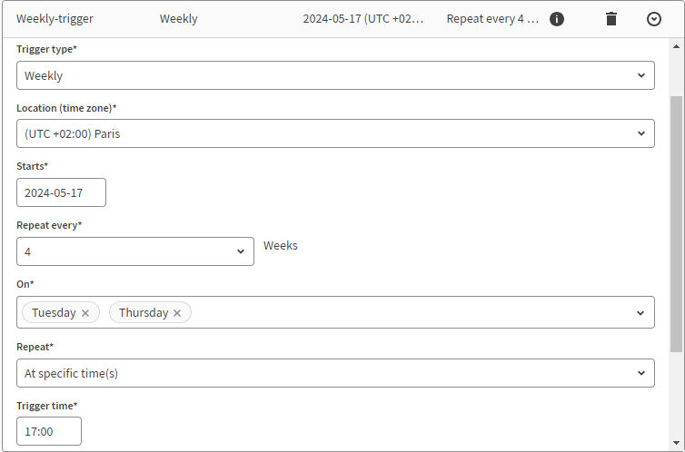 Page to define weekly trigger at specific times.