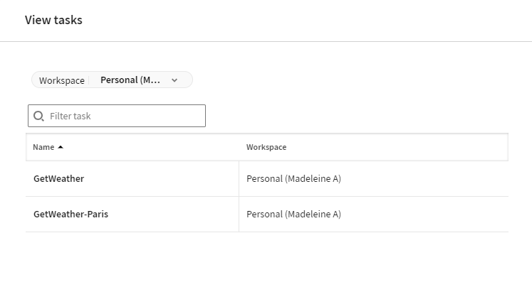 List of tasks that use the connection and the workspace name.