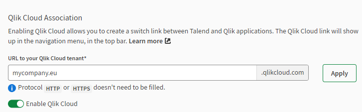 The Qlik Cloud tab shows the URL to Qlik Cloud tenant field completed and the Enable Qlik Cloud toggle enabled.