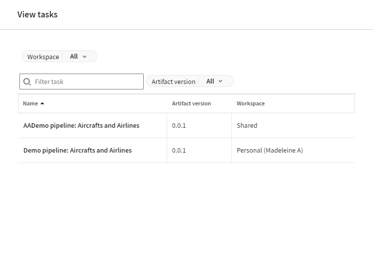 List of tasks that use the artifact, the version used and the workspace name.