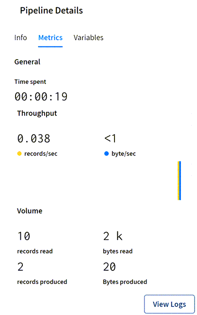 The Metrics panel displays information about the pipeline execution, including time, volume of records read, and volume of records produced.