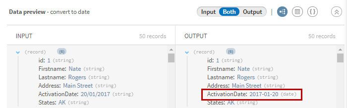 Preview of the Type converter processor after converting String records to Date records.