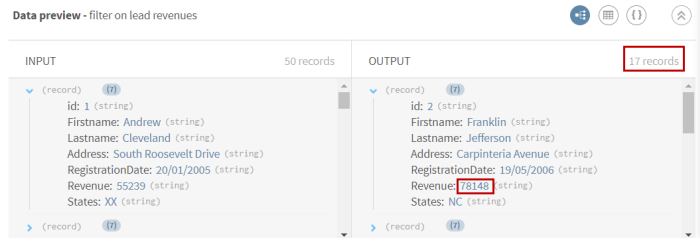 Preview of the Filter processor after filtering on revenue records higher than 70000 dollars.