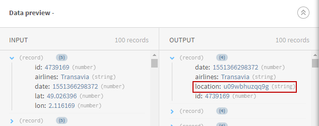 Preview of the Python 3 processor after calculating geohash information.