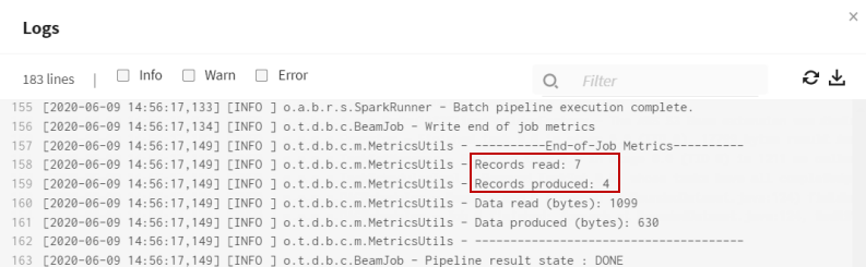 The Logs panel indicates that 7 records have been read, and 4 records have been produced during the pipeline execution.