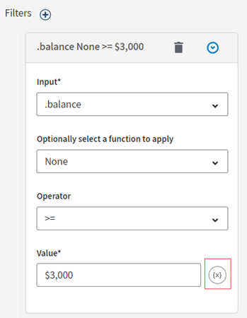 In the Configuration panel of the Filter processor, the X icon that allows you to add context variables is highlighted.