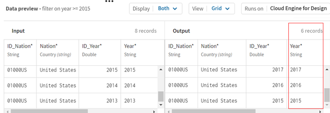 The preview panel shows the input data before the filtering operation, and the output data after the filtering operation.