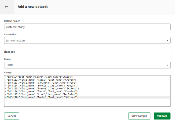 New dataset configuration page with manually-entered JSON values.