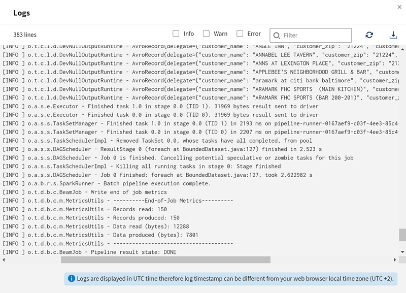 The Logs window displays all logs related to the pipeline execution.