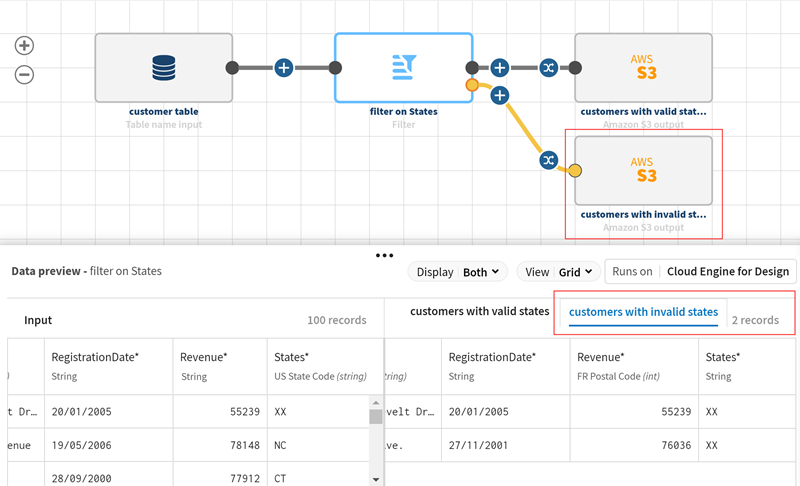 The preview shows the filtered out data, customers without a valid State ID.