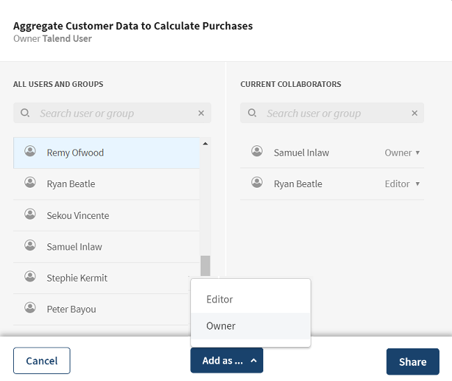 The sharing configuration window displays a selected user that is about to be added as owner of the shared pipeline.