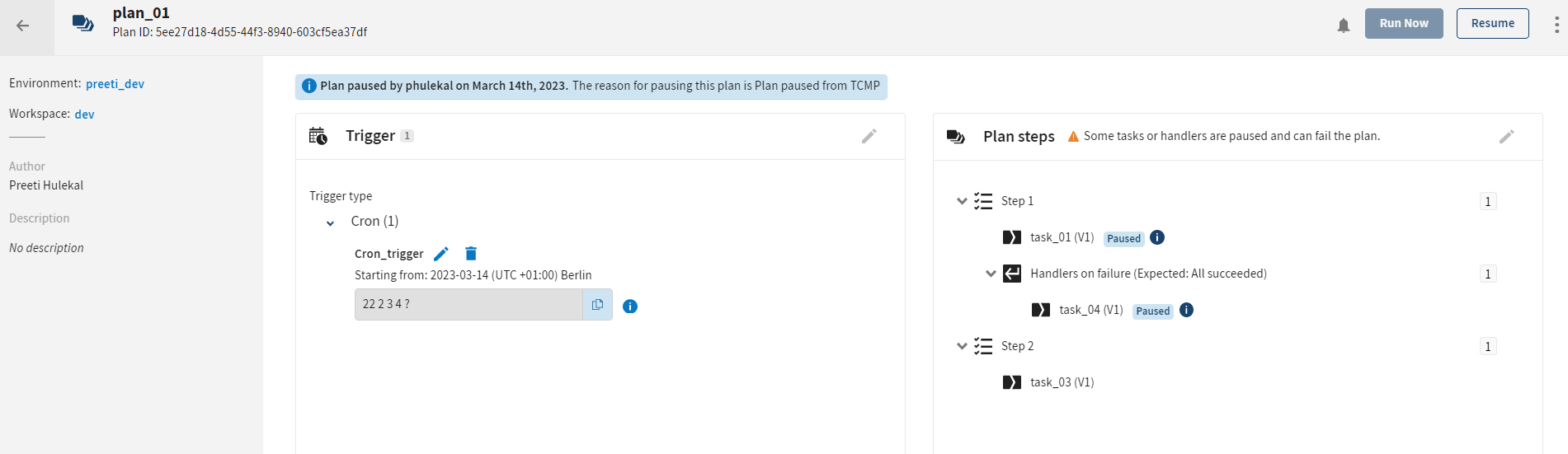 Migrated plan in Talend Management Console with a message: "Run paused by user on March 14th, 2023. The reason for pausing this plan is Plan paused from QTCMT".