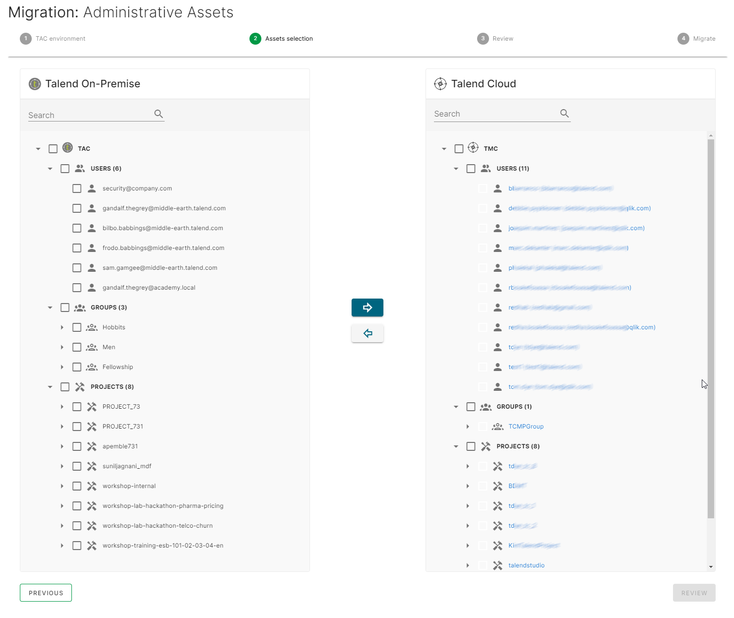 Assets selection step with the arrows used to move the assets.