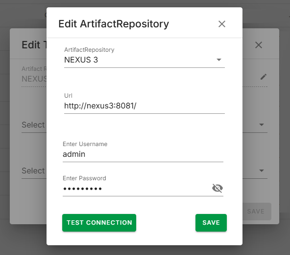 Edit Artifact Repository page with ArtifactRepository field, URL field, Username, and Password fields populated.