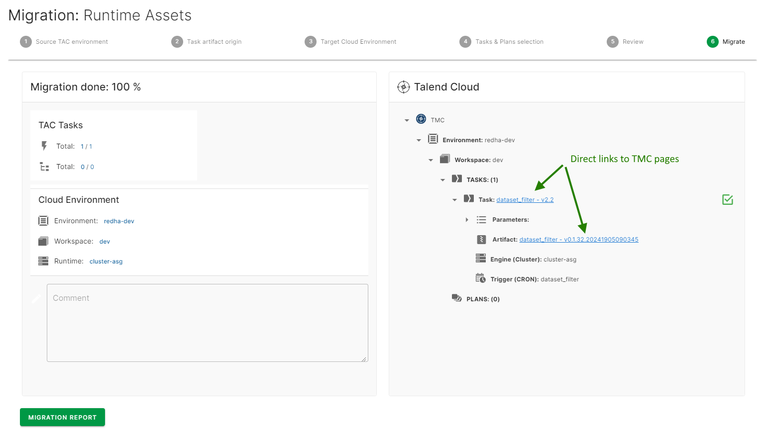 Migrate step with the direct links to TMC page of the plan highlighted.