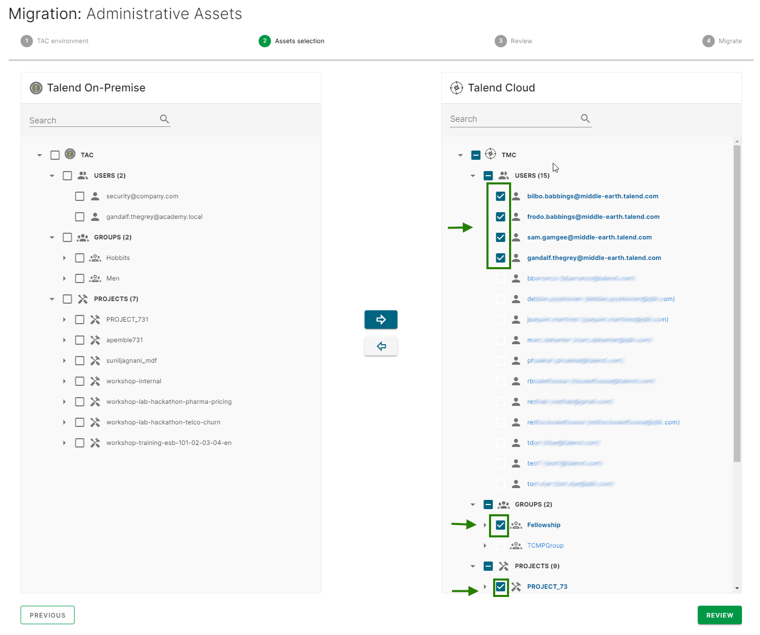 Assets selection step with assets selected.