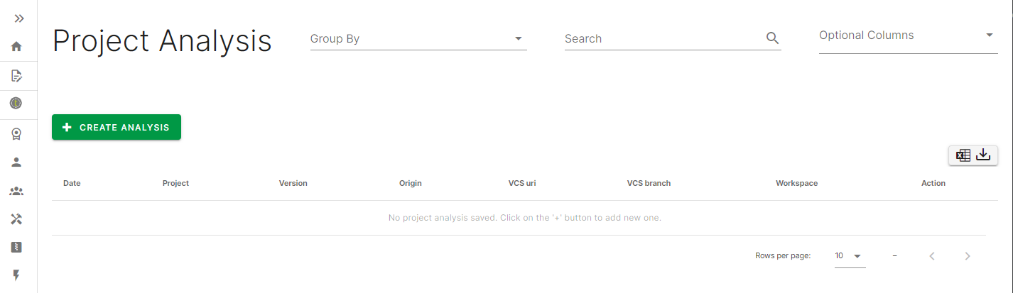 Project Analysis page with the plus button highlighted