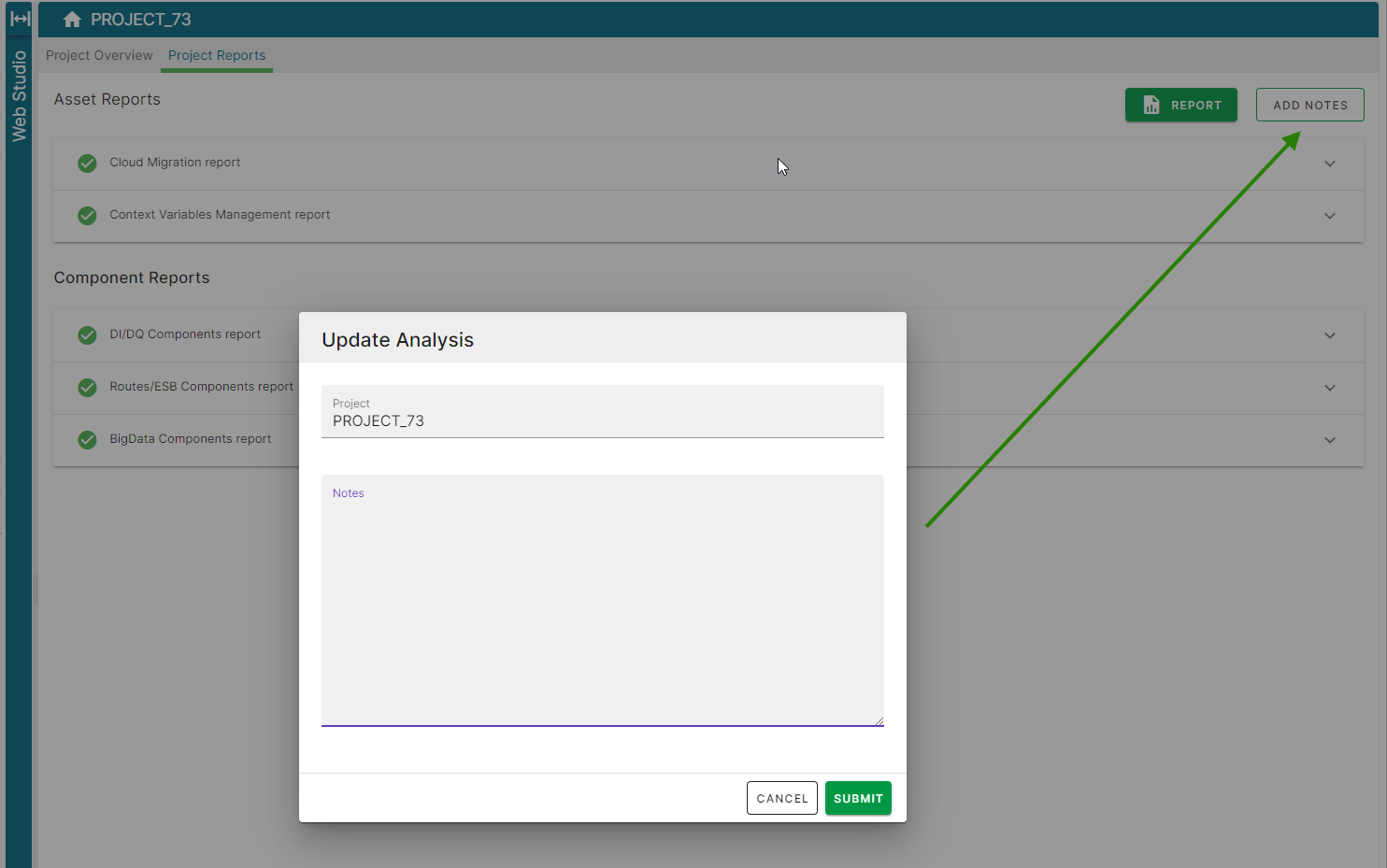 Update Analysis page with Project_73 as the Project name