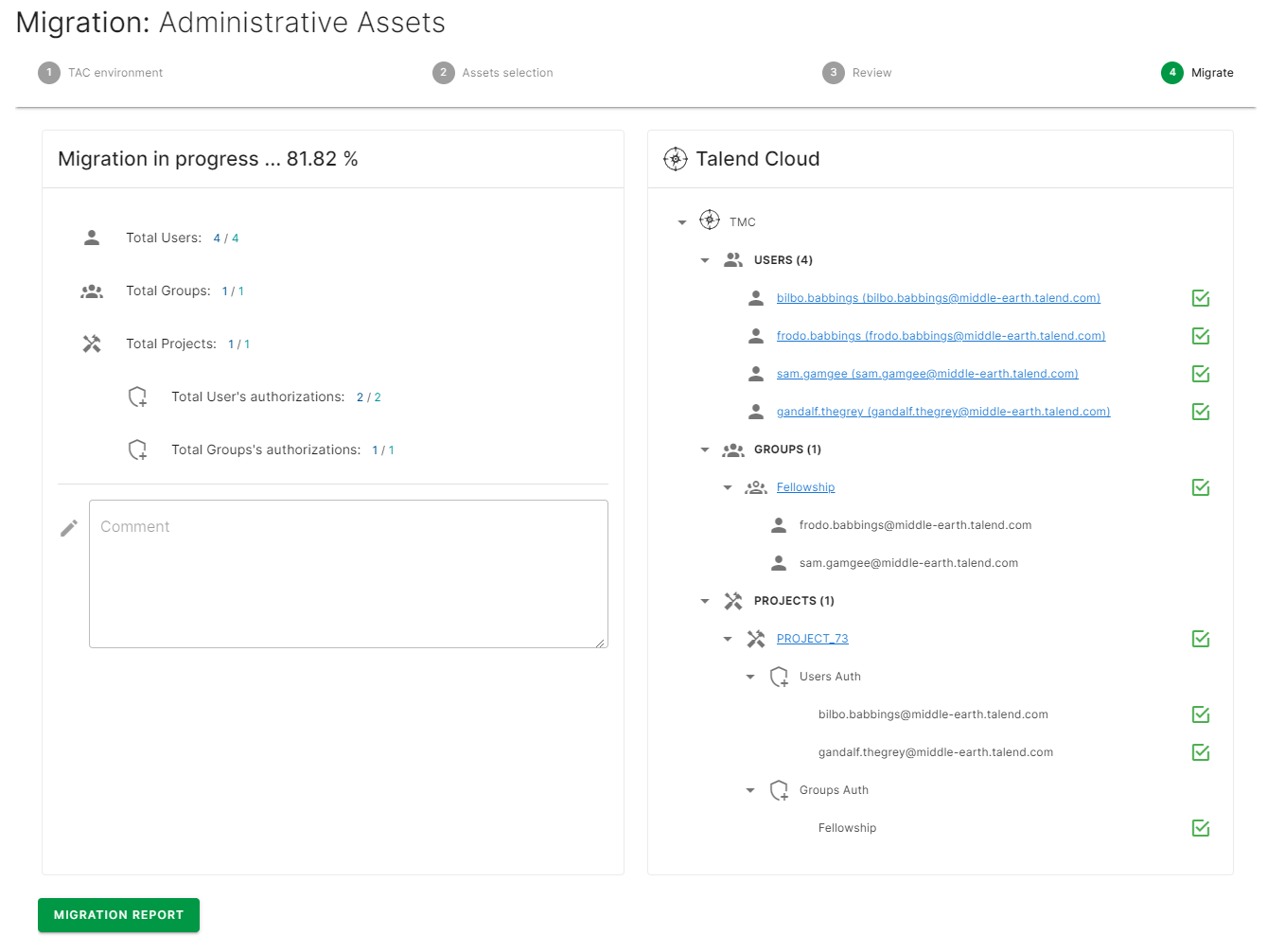 Migrate step displaying each asset with a green check mark.